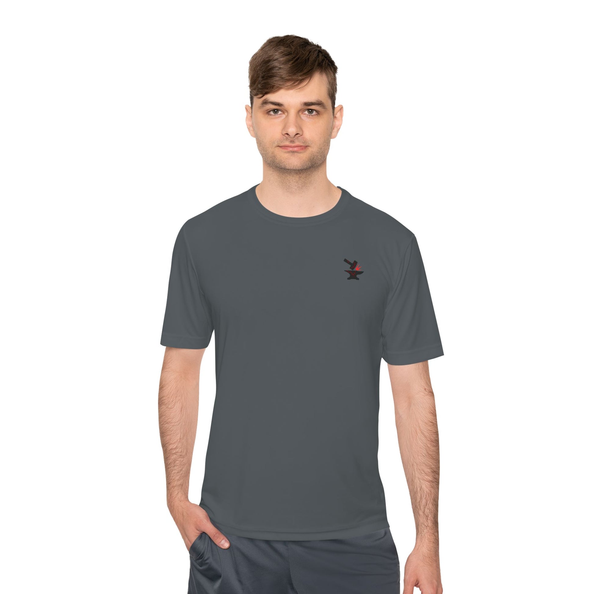 Forged Strength Men's Moisture Wicking Tee, Hammer Anvil Spark Fitness Shirt, Workout Apparel, Athletic Gym T-Shirt, Intense Resilient