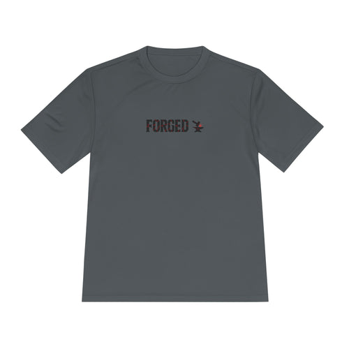 Forged Unisex Moisture Wicking Tee for Disciplined Gym Goers, Athletic Workout Shirt, Hammer Anvil Gym Brand, Hardworking Fitness T-Shirt,